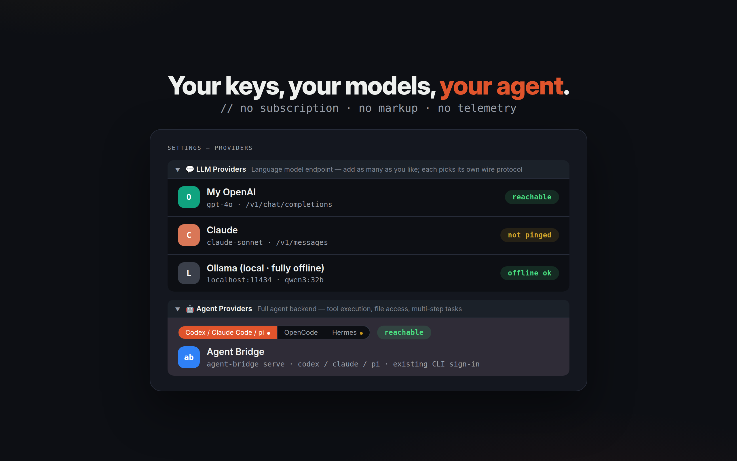 browsa settings listing OpenAI, Claude, Ollama, Hermes Agent, OpenCode Agent, and Agent Bridge provider cards