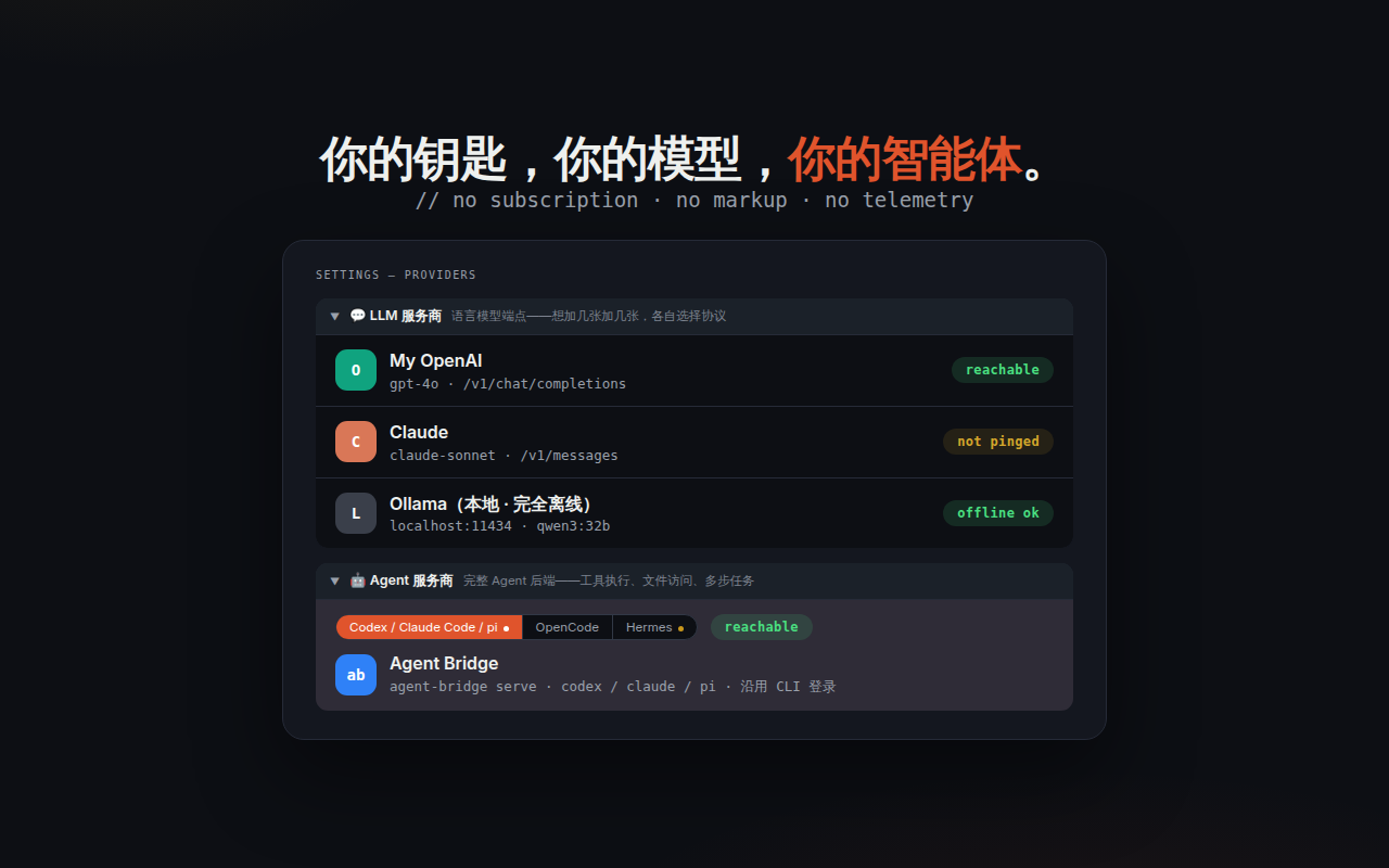 browsa 设置页：OpenAI、Claude、Ollama、Hermes Agent、OpenCode Agent 与 Agent Bridge 六张提供商卡